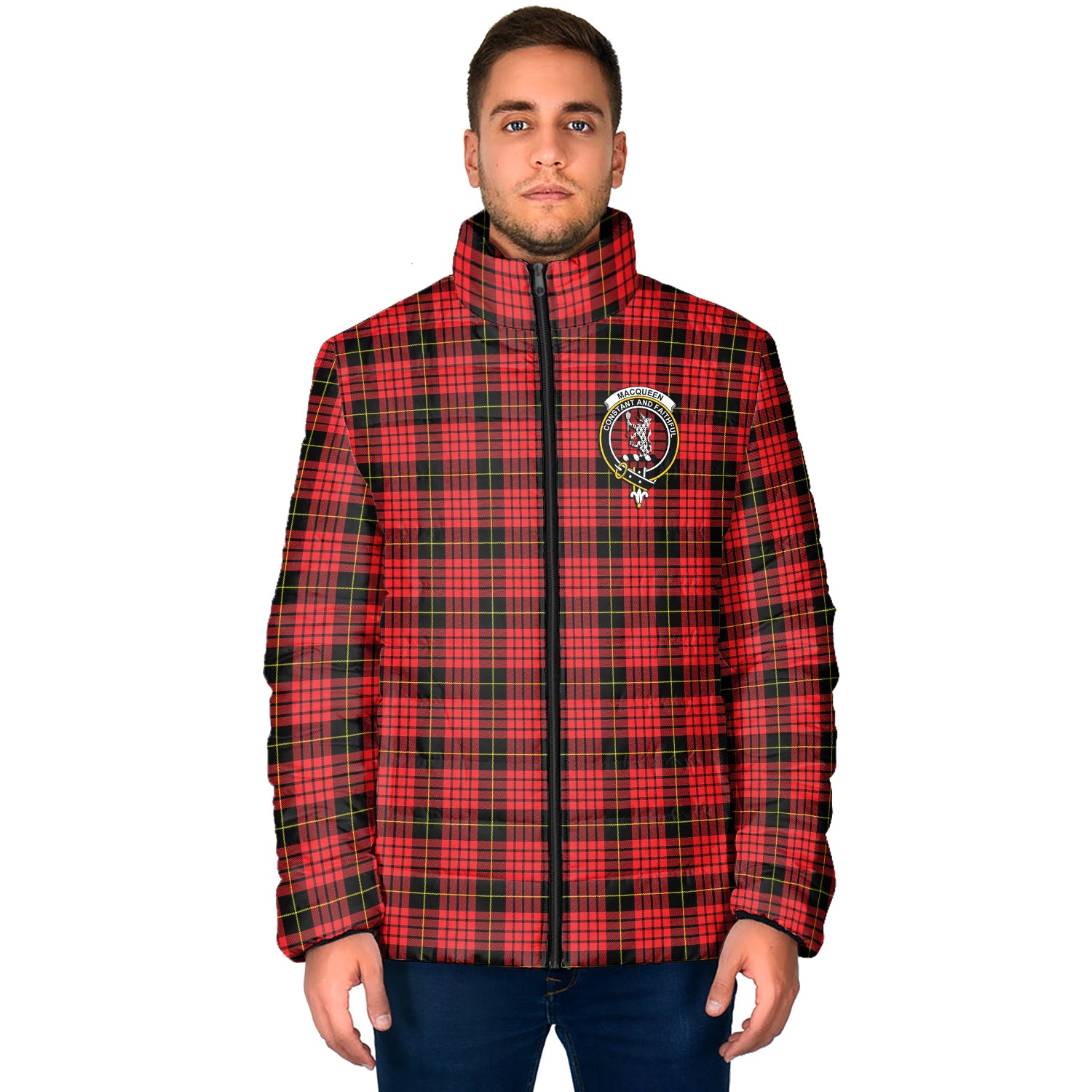 MacQueen Modern Tartan Padded Jacket with Family Crest - Tartan Vibes Clothing