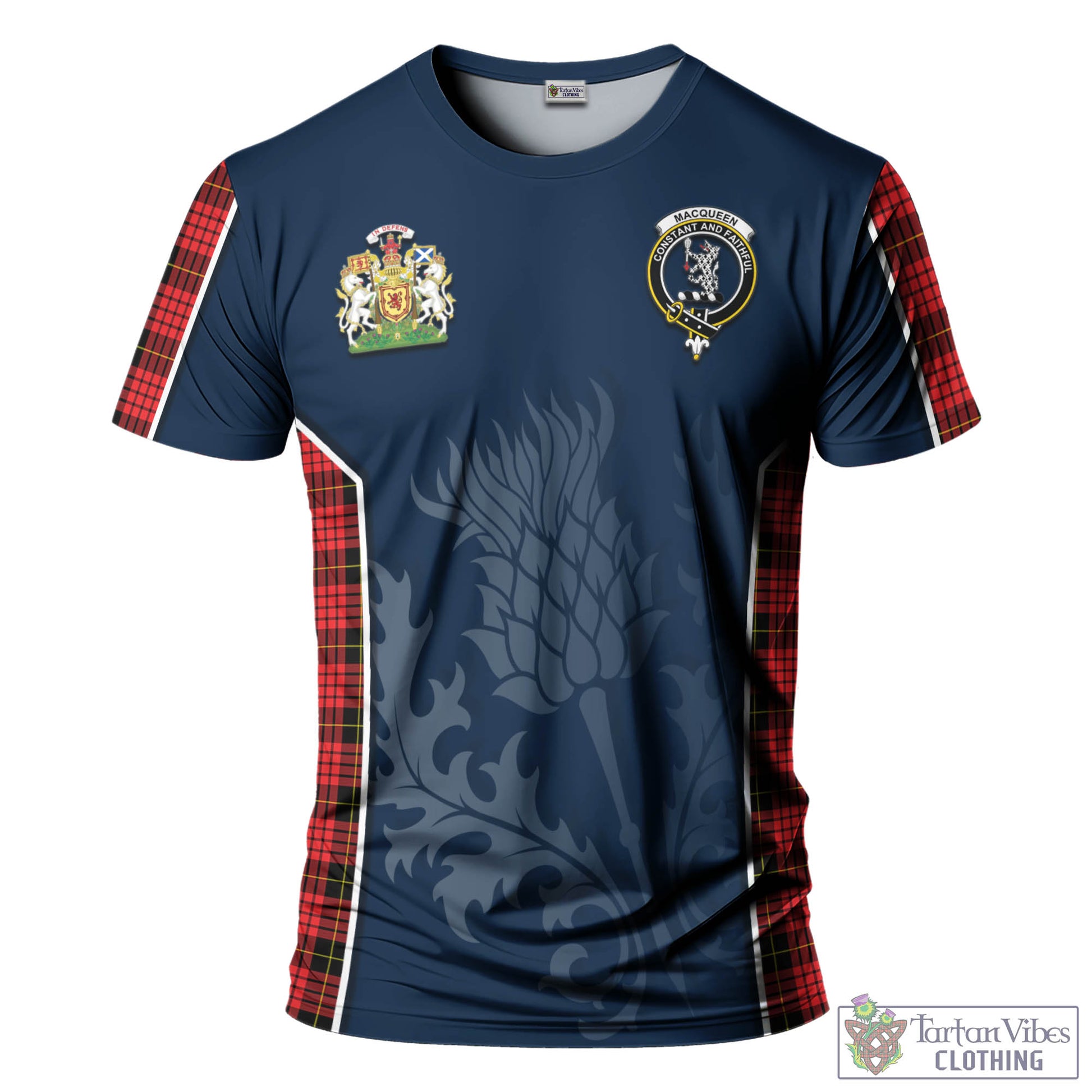 Tartan Vibes Clothing MacQueen Modern Tartan T-Shirt with Family Crest and Scottish Thistle Vibes Sport Style