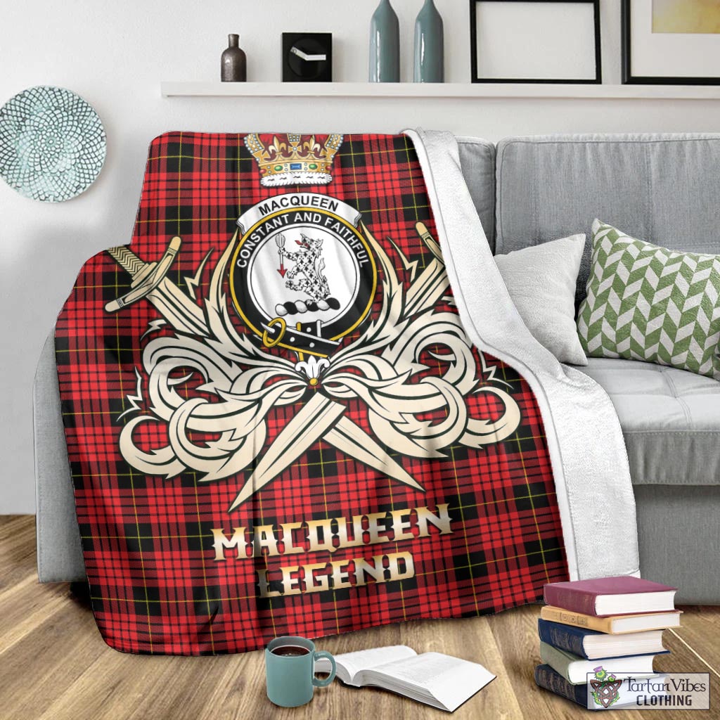 Tartan Vibes Clothing MacQueen Modern Tartan Blanket with Clan Crest and the Golden Sword of Courageous Legacy