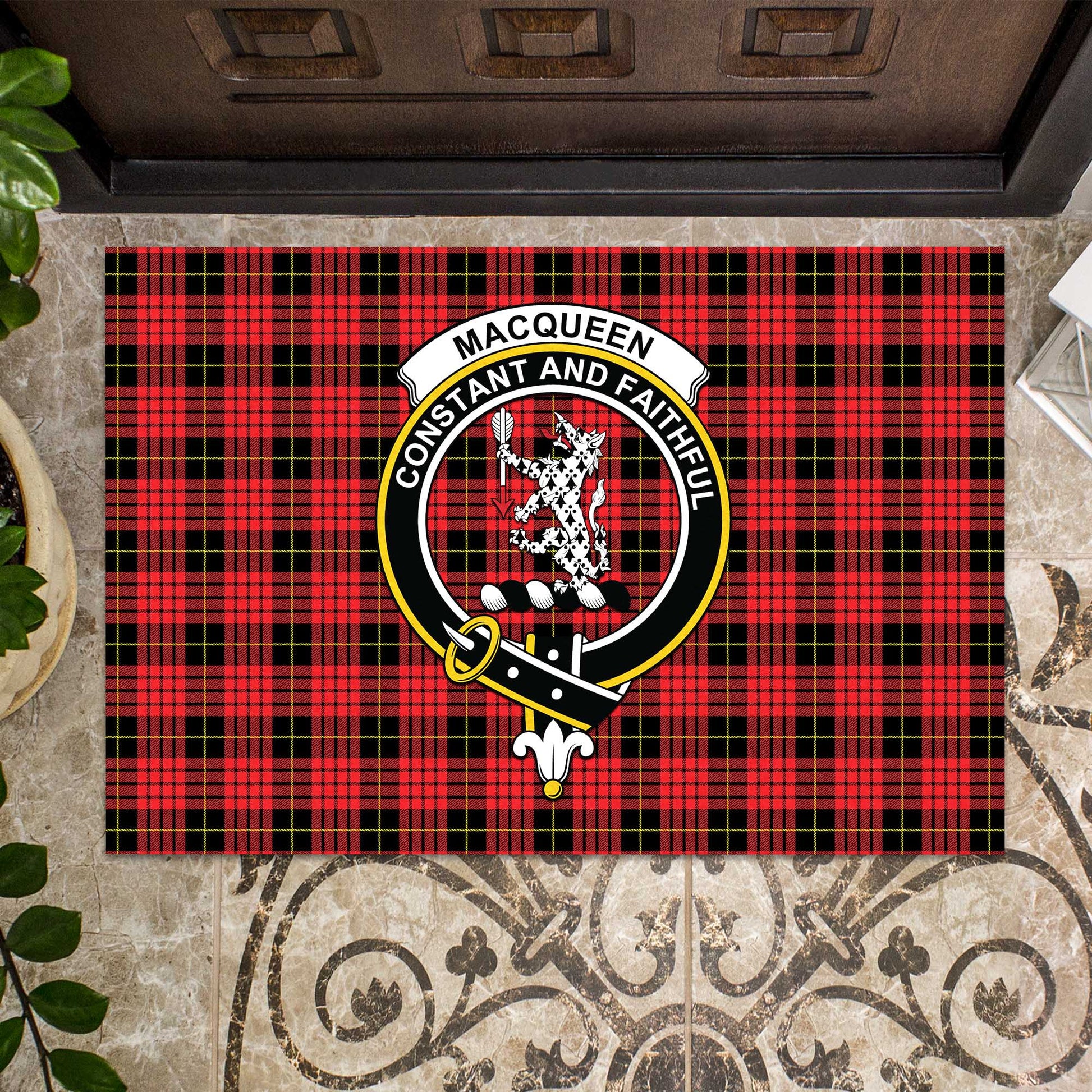 MacQueen Modern Tartan Door Mat with Family Crest - Tartanvibesclothing