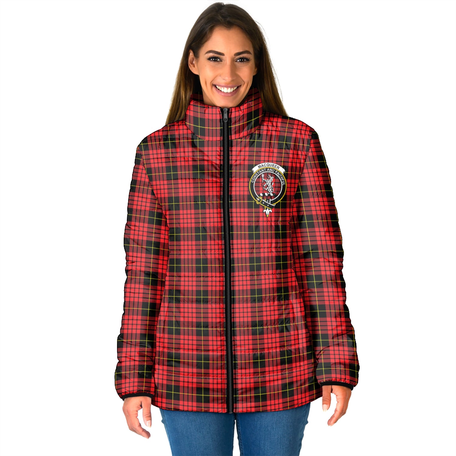 MacQueen Modern Tartan Padded Jacket with Family Crest - Tartan Vibes Clothing