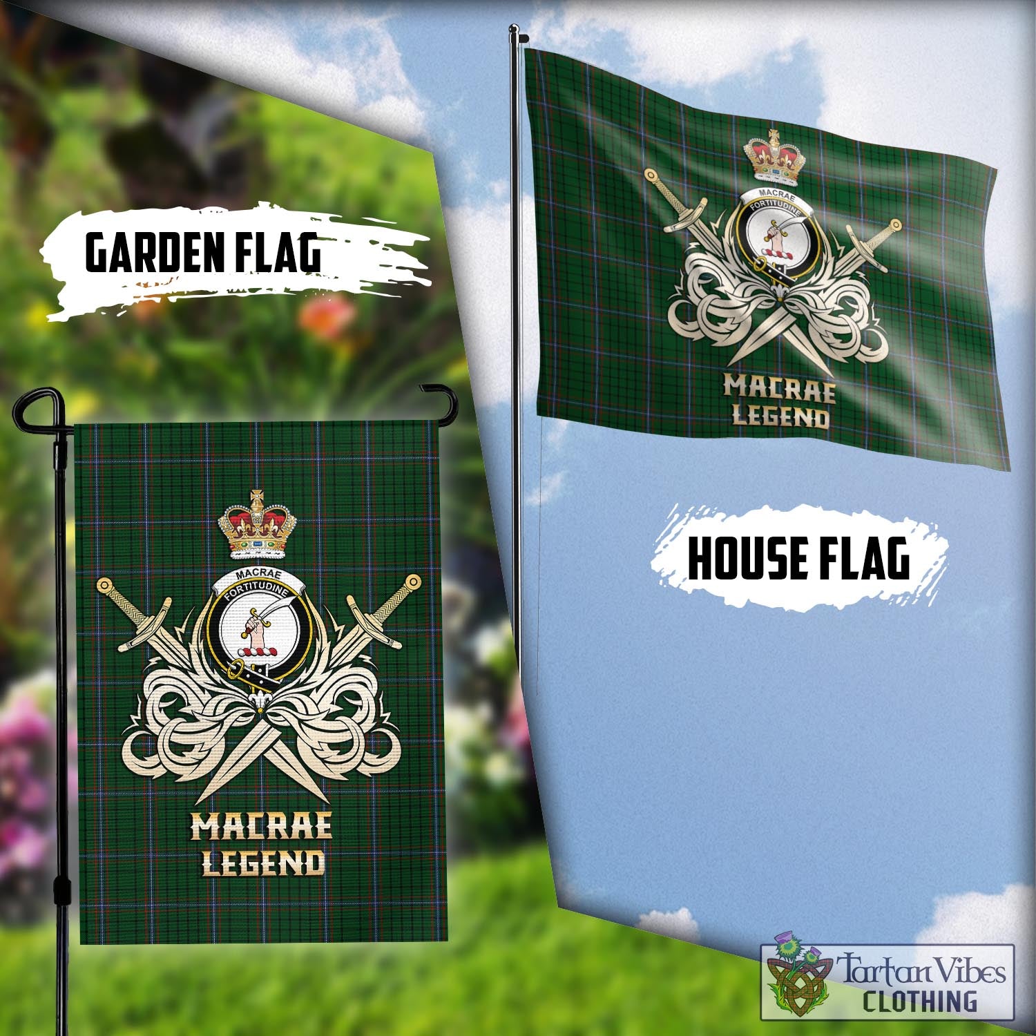 Tartan Vibes Clothing MacRae Tartan Flag with Clan Crest and the Golden Sword of Courageous Legacy