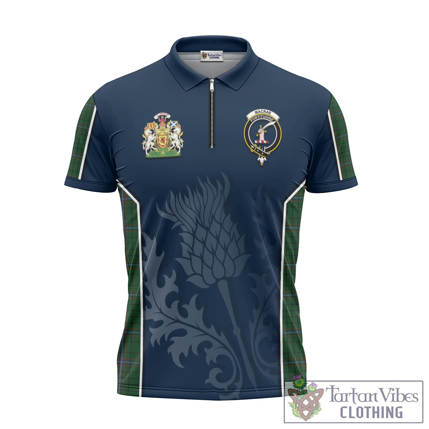 Tartan Vibes Clothing MacRae Tartan Zipper Polo Shirt with Family Crest and Scottish Thistle Vibes Sport Style