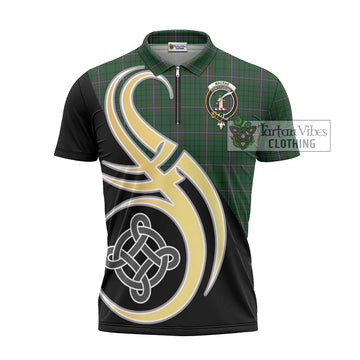 MacRae (McRae) Tartan Zipper Polo Shirt with Family Crest and Celtic Symbol Style