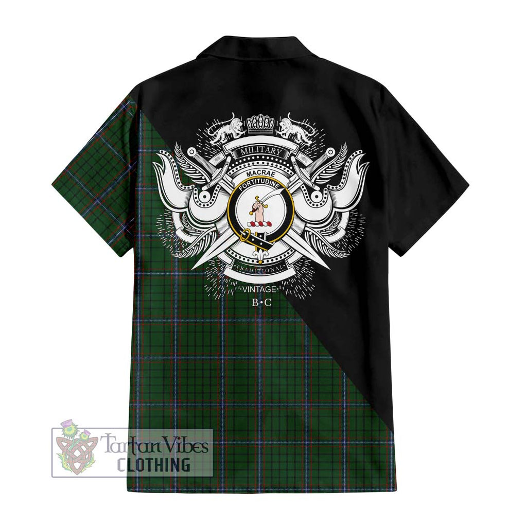 MacRae (McRae) Tartan Short Sleeve Button Shirt with Family Crest and Military Logo Style - Tartanvibesclothing Shop