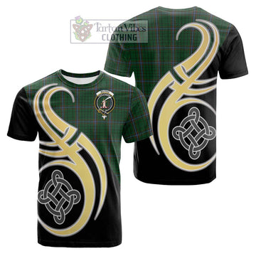 MacRae (McRae) Tartan Cotton T-shirt with Family Crest and Celtic Symbol Style