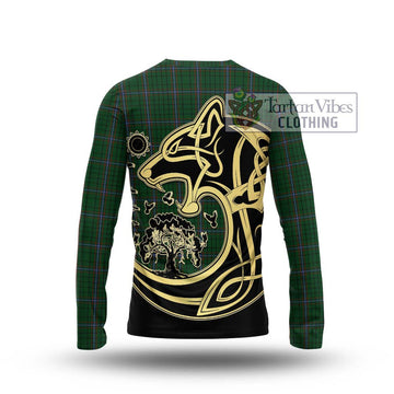 MacRae (McRae) Tartan Long Sleeve T-Shirt with Family Crest Celtic Wolf Style