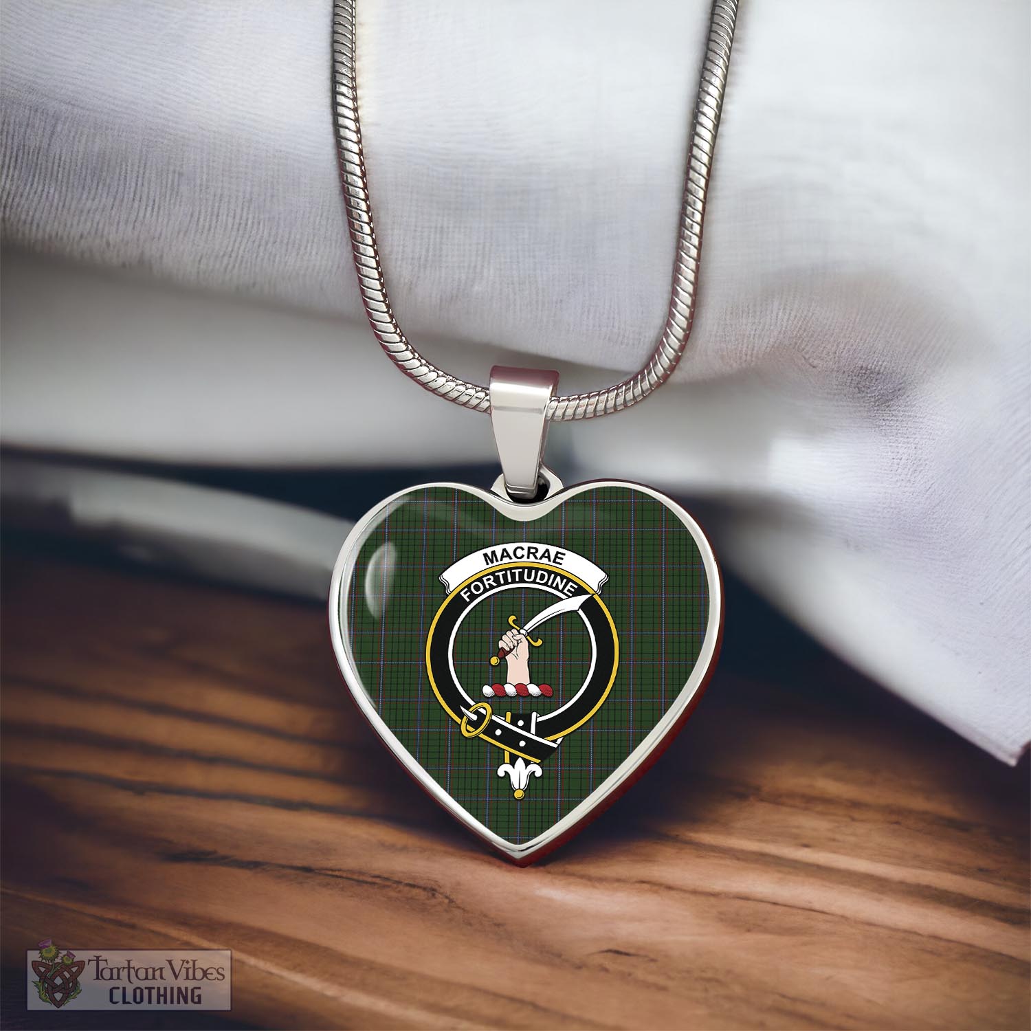 Tartan Vibes Clothing MacRae Tartan Heart Necklace with Family Crest