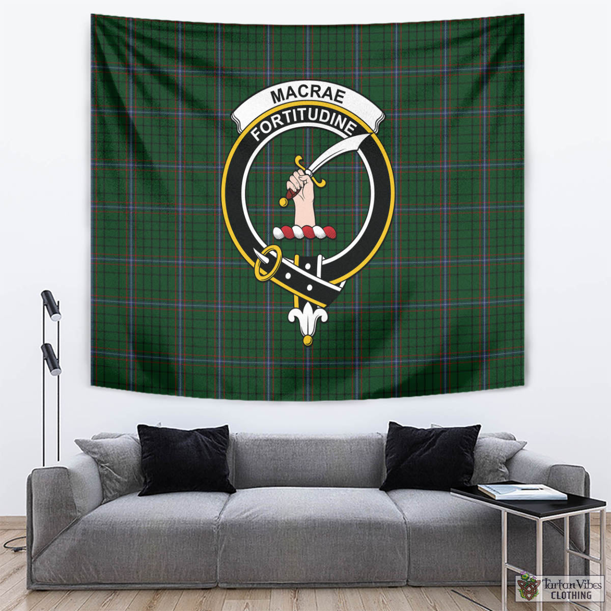 Tartan Vibes Clothing MacRae Tartan Tapestry Wall Hanging and Home Decor for Room with Family Crest