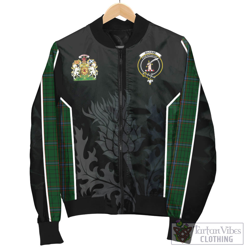 Tartan Vibes Clothing MacRae Tartan Bomber Jacket with Family Crest and Scottish Thistle Vibes Sport Style