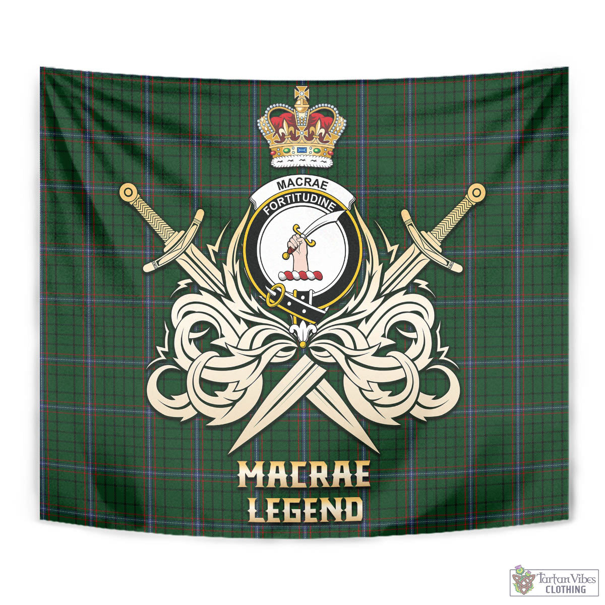 Tartan Vibes Clothing MacRae Tartan Tapestry with Clan Crest and the Golden Sword of Courageous Legacy