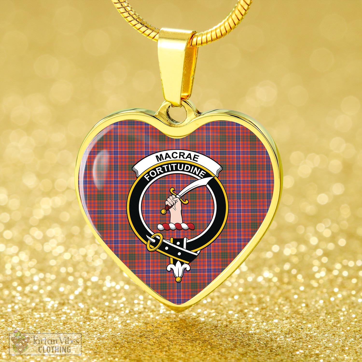 Tartan Vibes Clothing MacRae Ancient Tartan Heart Necklace with Family Crest