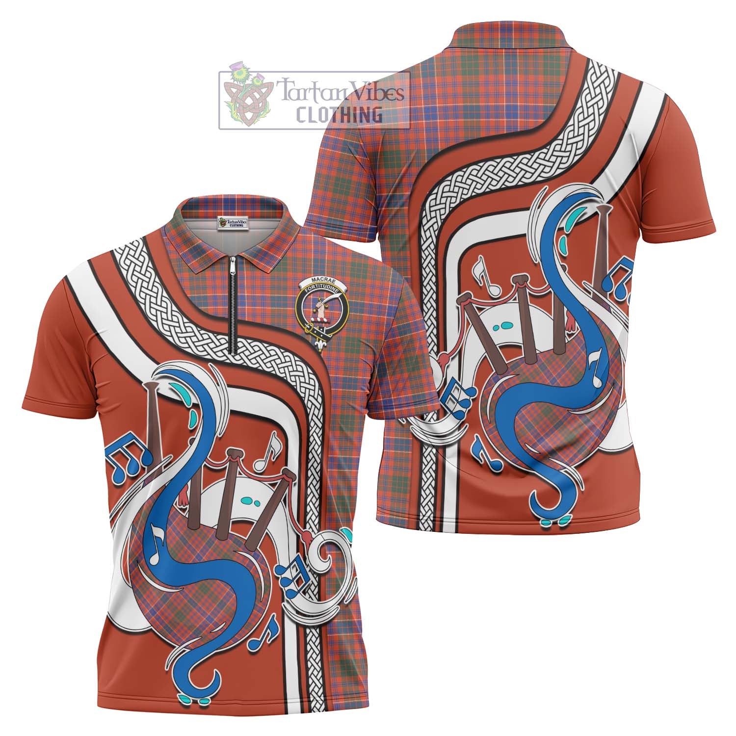 Tartan Vibes Clothing MacRae Ancient Tartan Zipper Polo Shirt with Epic Bagpipe Style