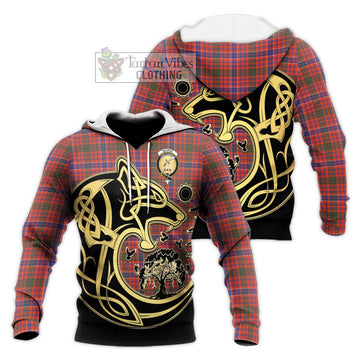 MacRae Ancient Tartan Knitted Hoodie with Family Crest Celtic Wolf Style