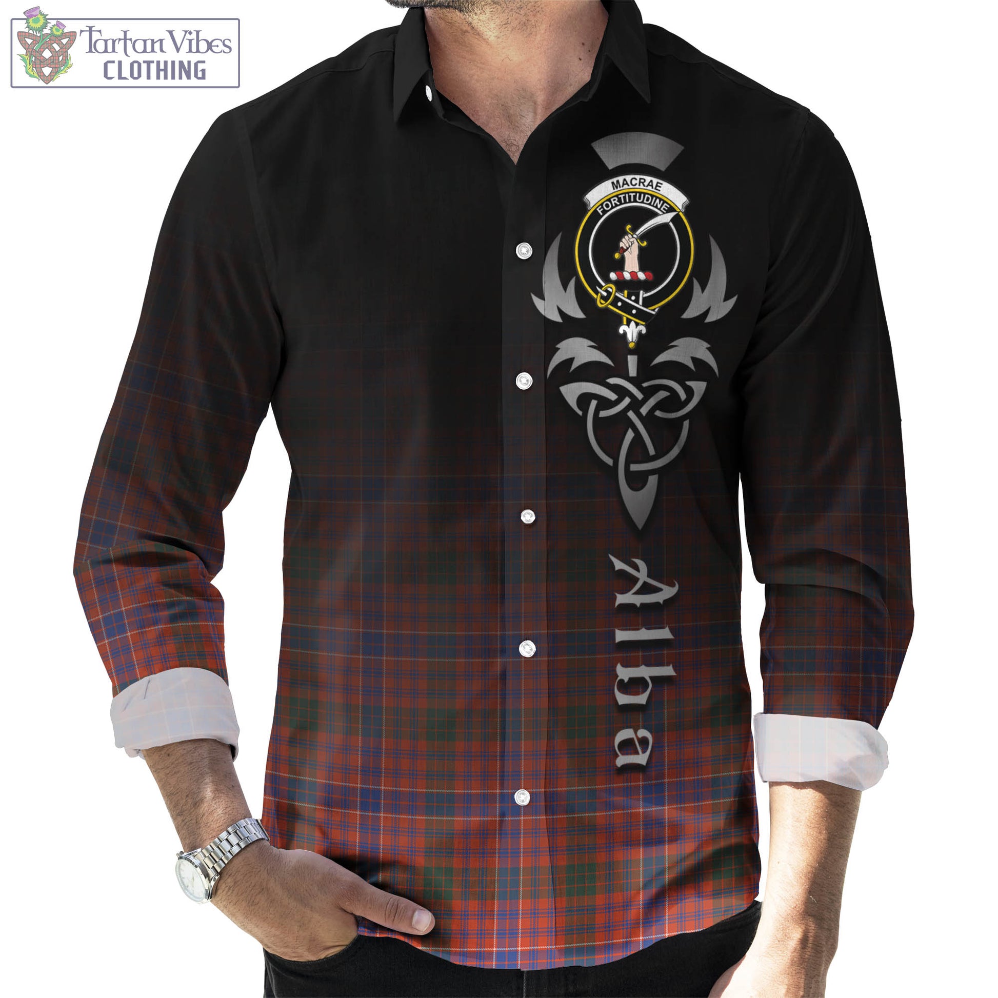 Tartan Vibes Clothing MacRae Ancient Tartan Long Sleeve Button Up Featuring Alba Gu Brath Family Crest Celtic Inspired