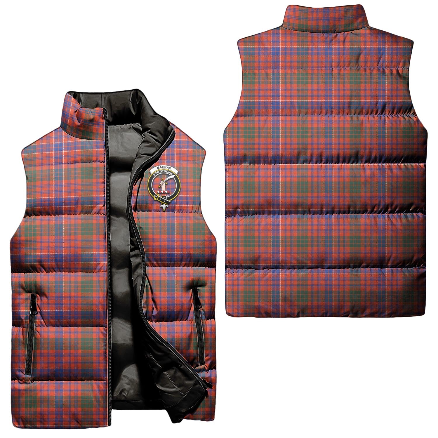 MacRae Ancient Tartan Sleeveless Puffer Jacket with Family Crest Unisex - Tartanvibesclothing