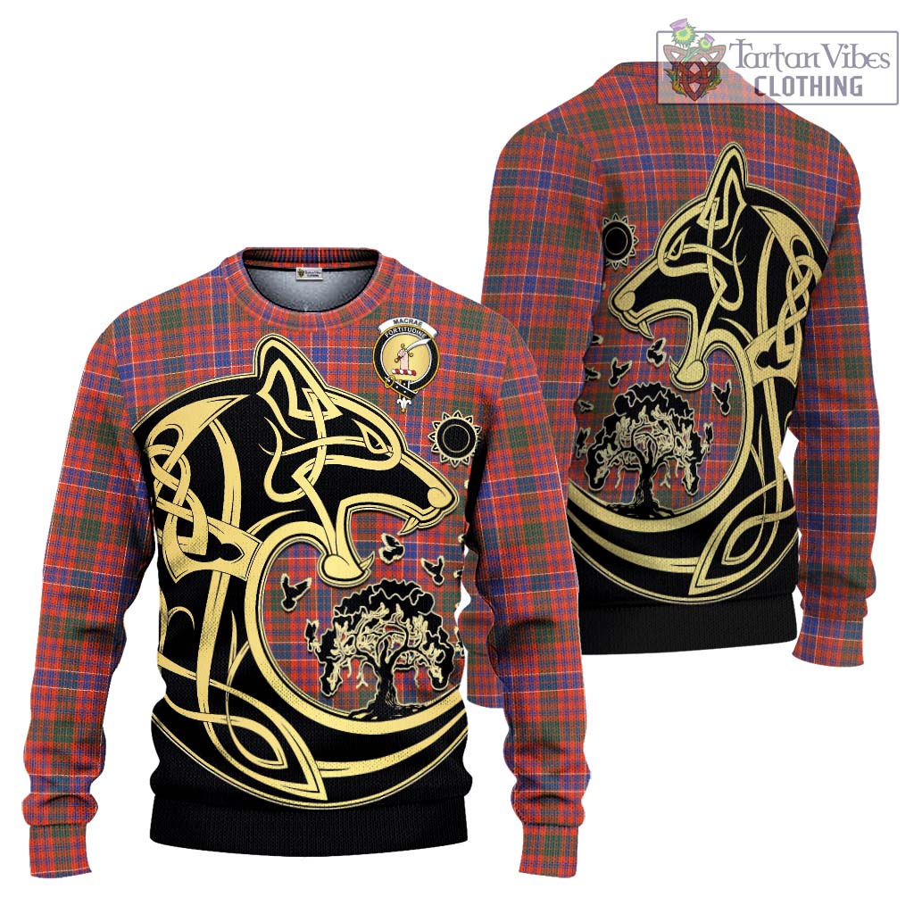 Tartan Vibes Clothing MacRae Ancient Tartan Knitted Sweater with Family Crest Celtic Wolf Style