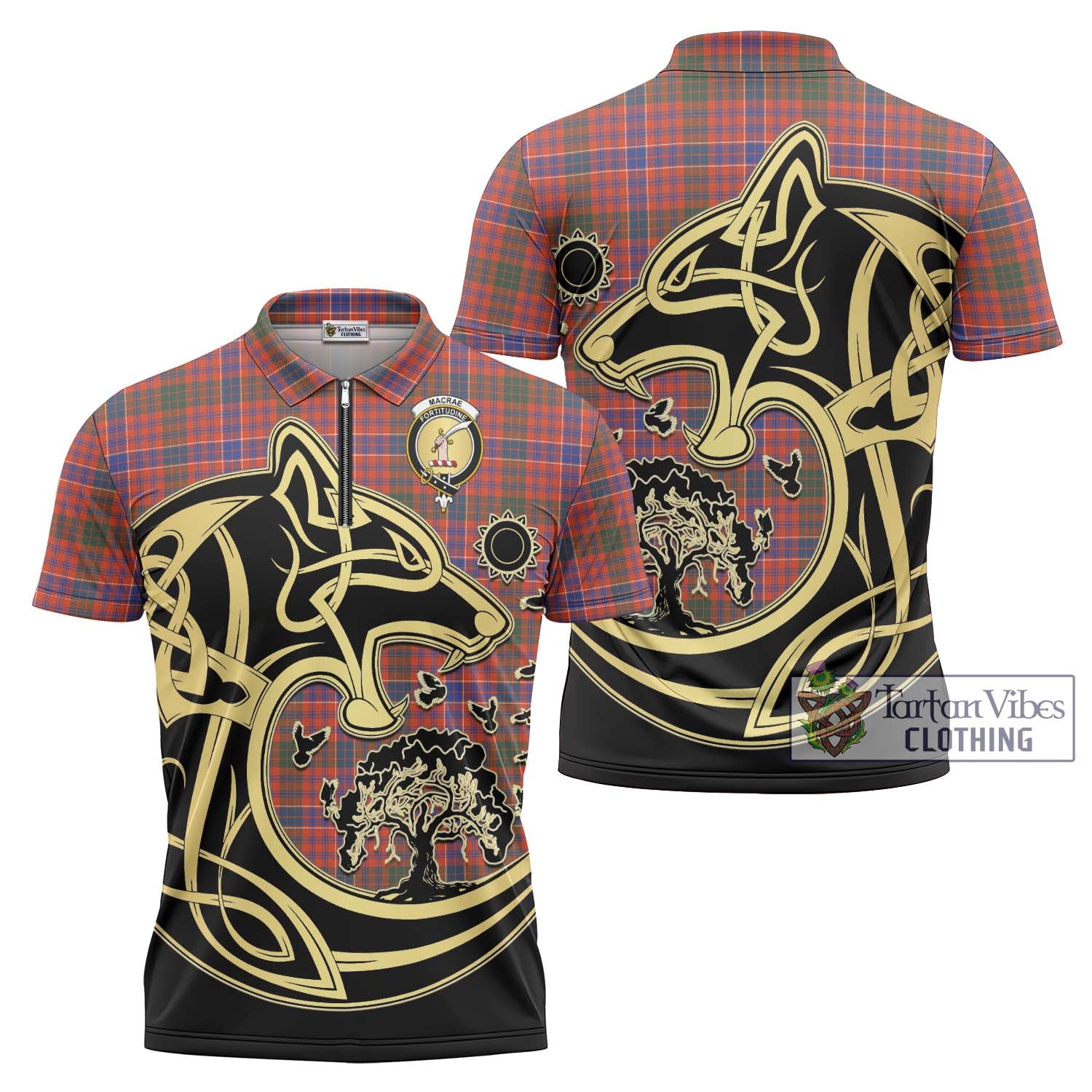 Tartan Vibes Clothing MacRae Ancient Tartan Zipper Polo Shirt with Family Crest Celtic Wolf Style