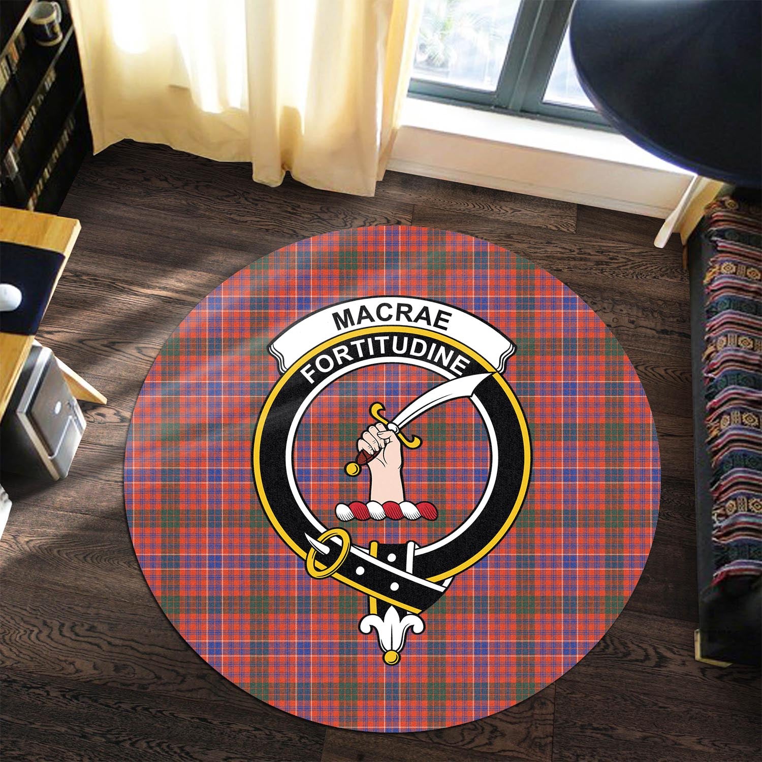 macrae-ancient-tartan-round-rug-with-family-crest