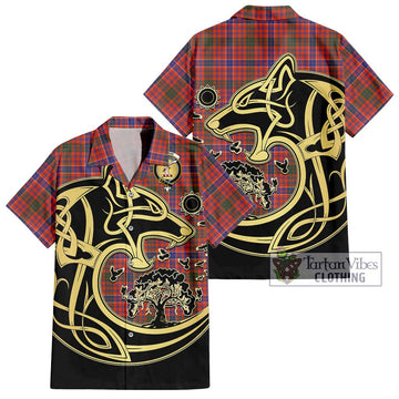 MacRae Ancient Tartan Short Sleeve Button Shirt with Family Crest Celtic Wolf Style