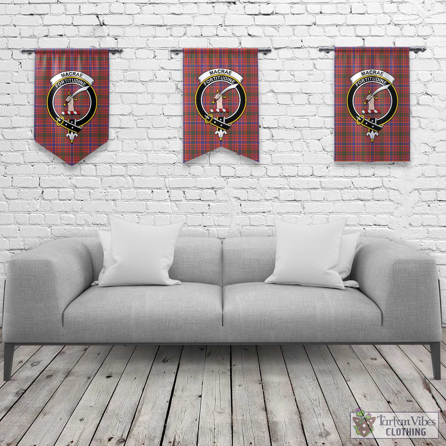 Tartan Vibes Clothing MacRae Ancient Tartan Gonfalon, Tartan Banner with Family Crest