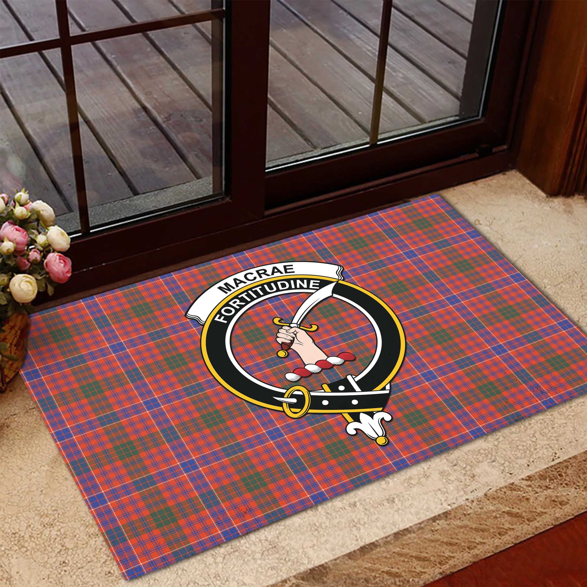 MacRae Ancient Tartan Door Mat with Family Crest - Tartanvibesclothing