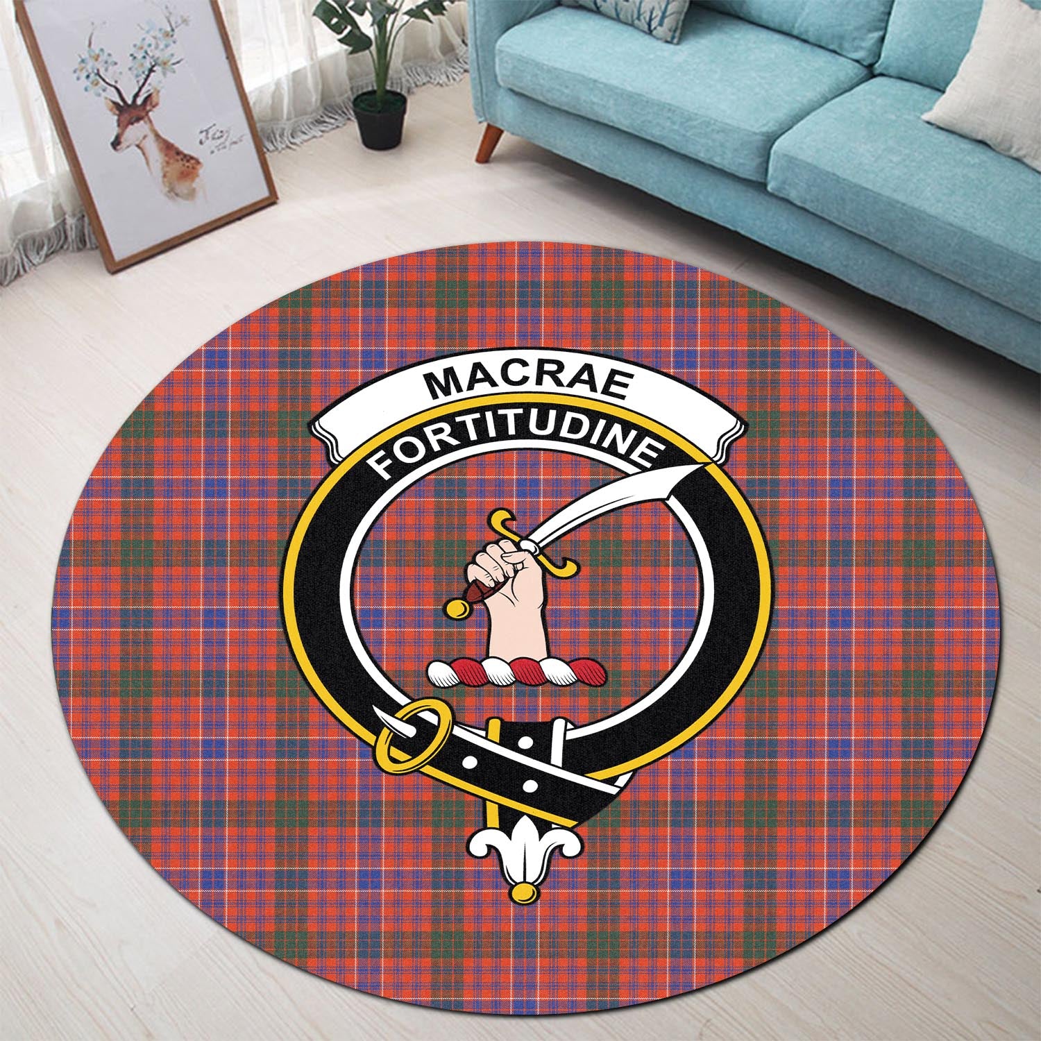 macrae-ancient-tartan-round-rug-with-family-crest