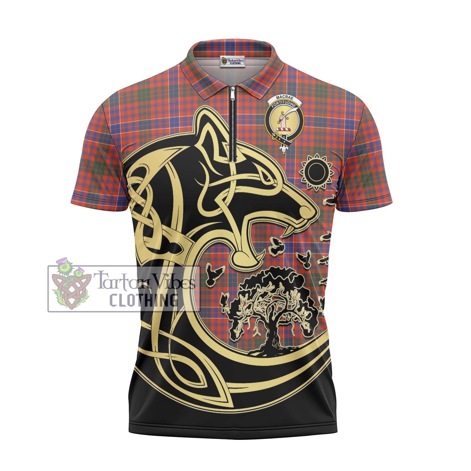 Tartan Vibes Clothing MacRae Ancient Tartan Zipper Polo Shirt with Family Crest Celtic Wolf Style