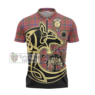 MacRae Ancient Tartan Zipper Polo Shirt with Family Crest Celtic Wolf Style