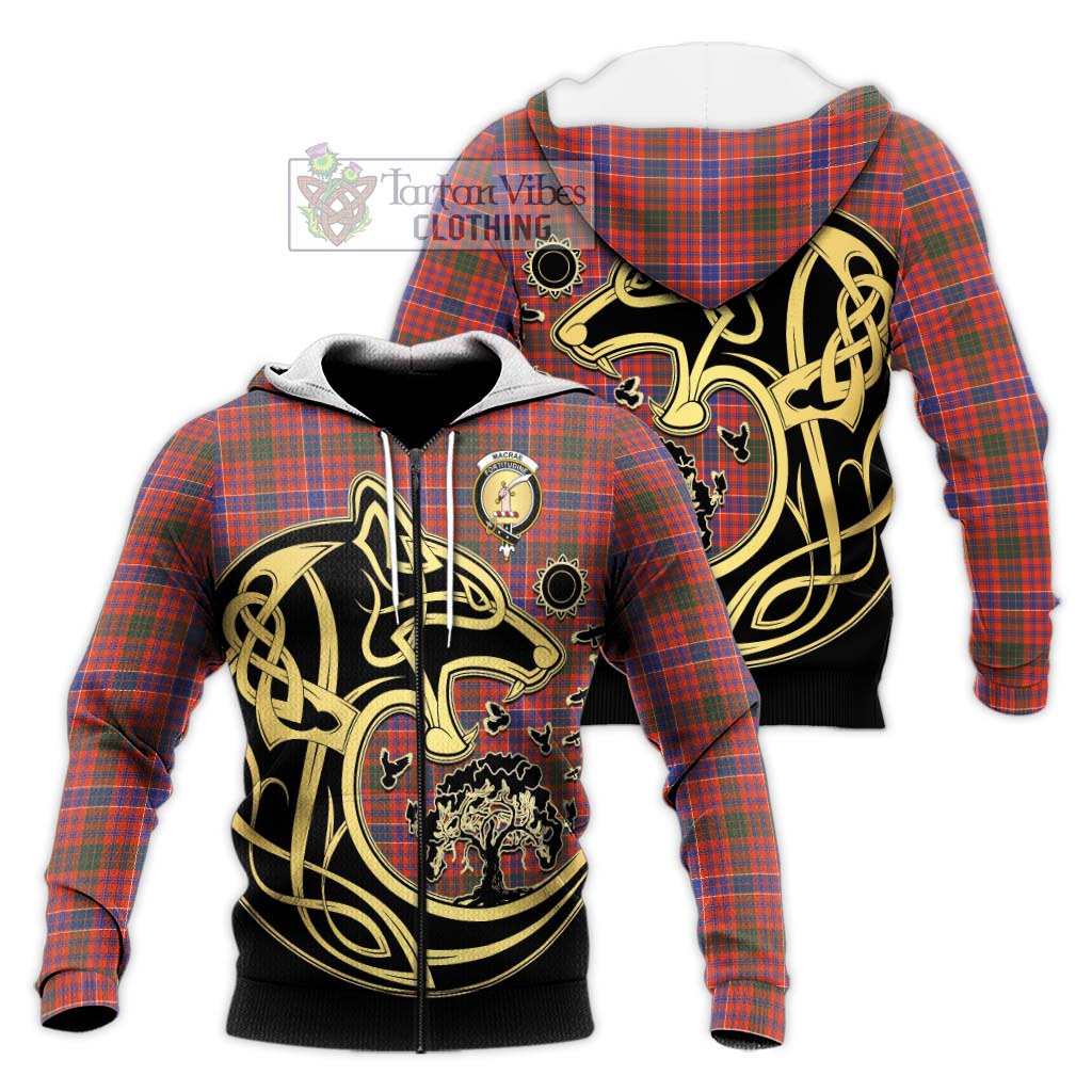 Tartan Vibes Clothing MacRae Ancient Tartan Knitted Hoodie with Family Crest Celtic Wolf Style