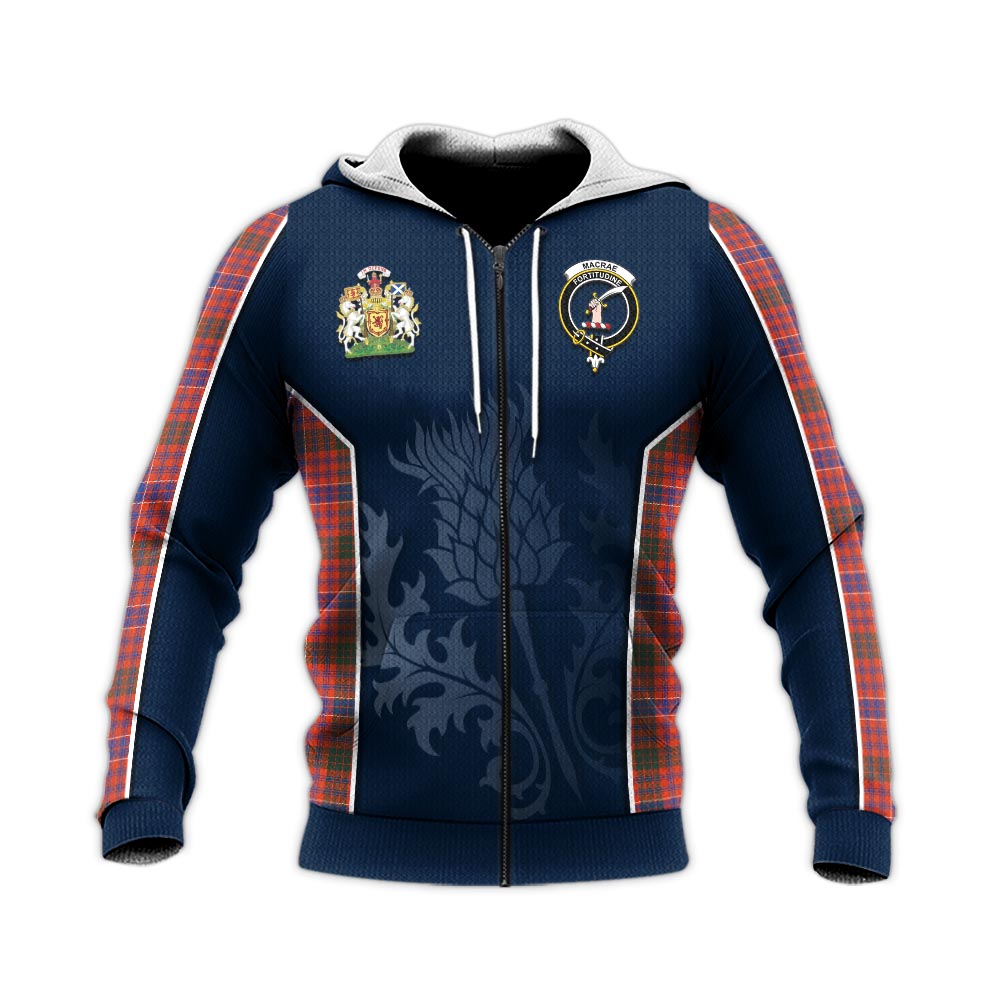 Tartan Vibes Clothing MacRae Ancient Tartan Knitted Hoodie with Family Crest and Scottish Thistle Vibes Sport Style