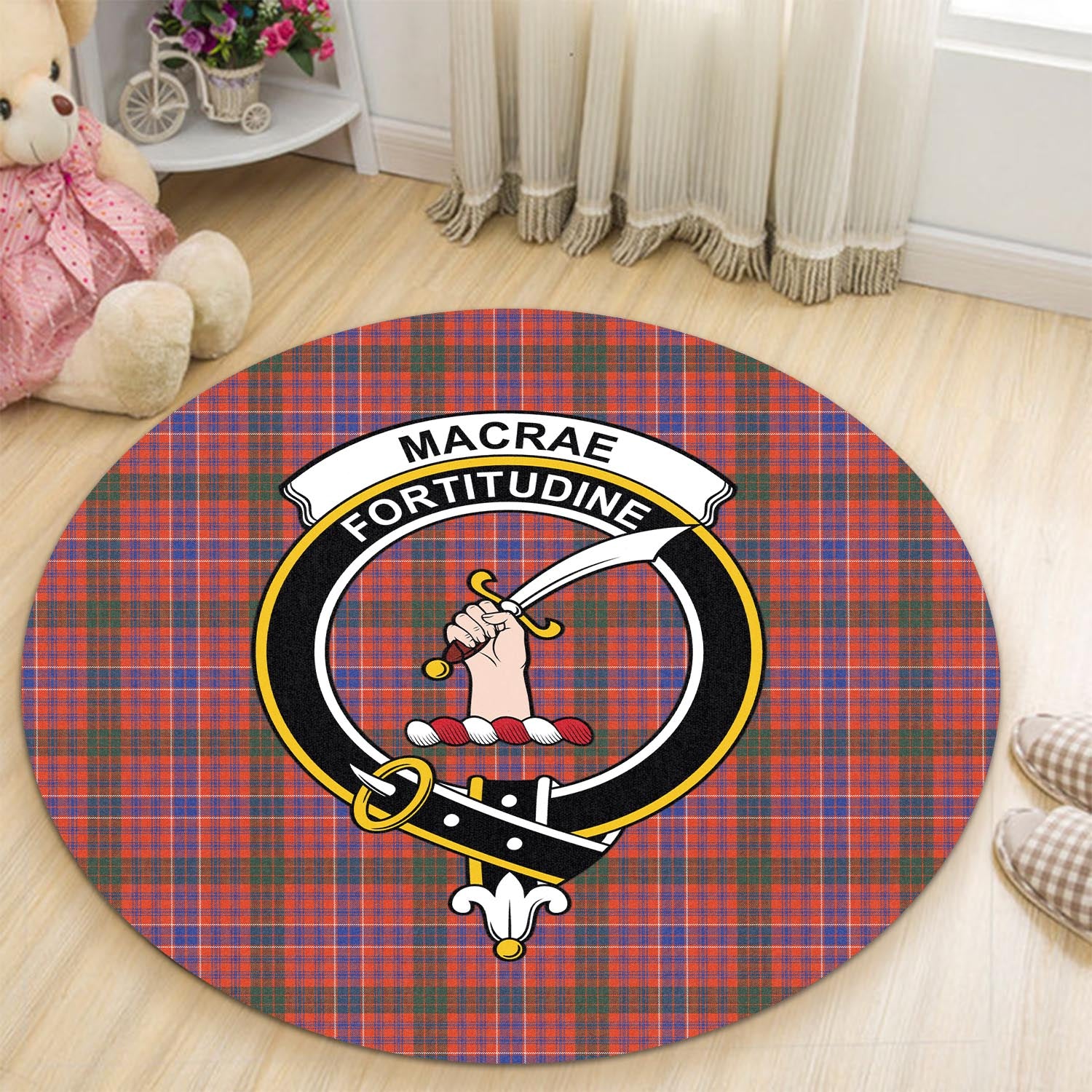 macrae-ancient-tartan-round-rug-with-family-crest