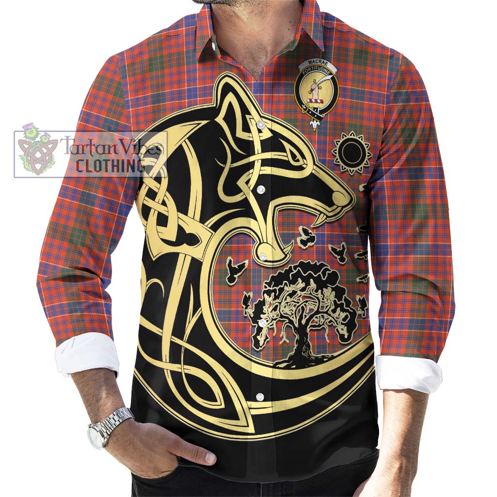 Tartan Vibes Clothing MacRae Ancient Tartan Long Sleeve Button Shirt with Family Crest Celtic Wolf Style