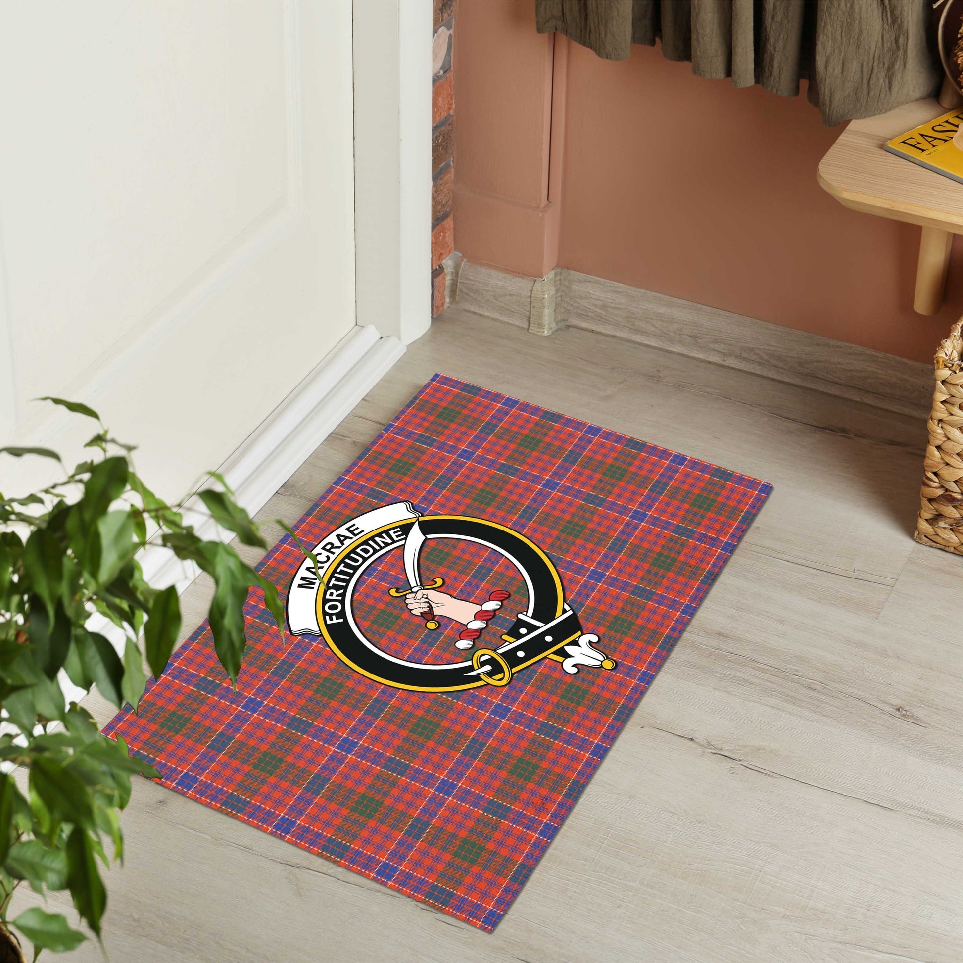 MacRae Ancient Tartan Door Mat with Family Crest - Tartanvibesclothing