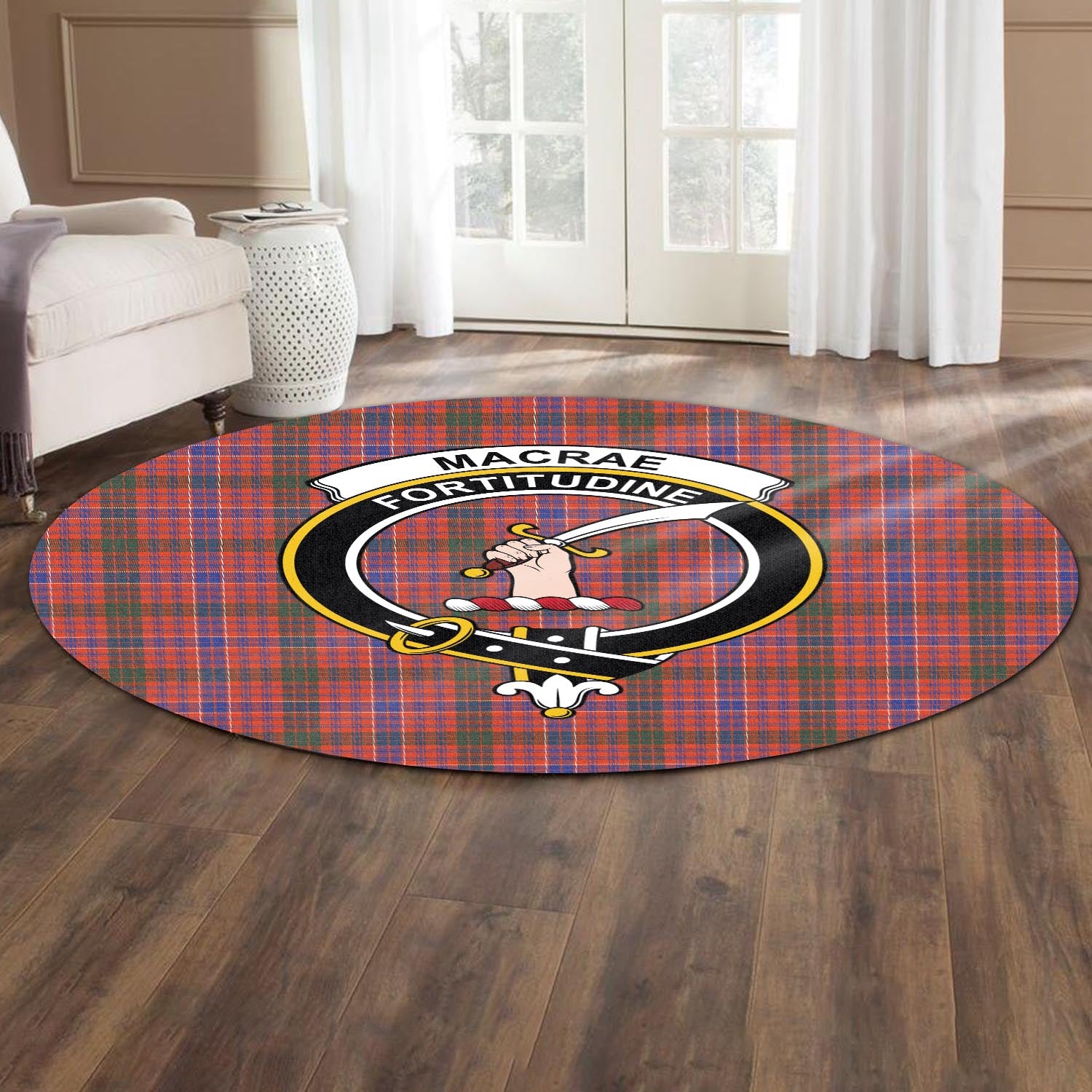 macrae-ancient-tartan-round-rug-with-family-crest