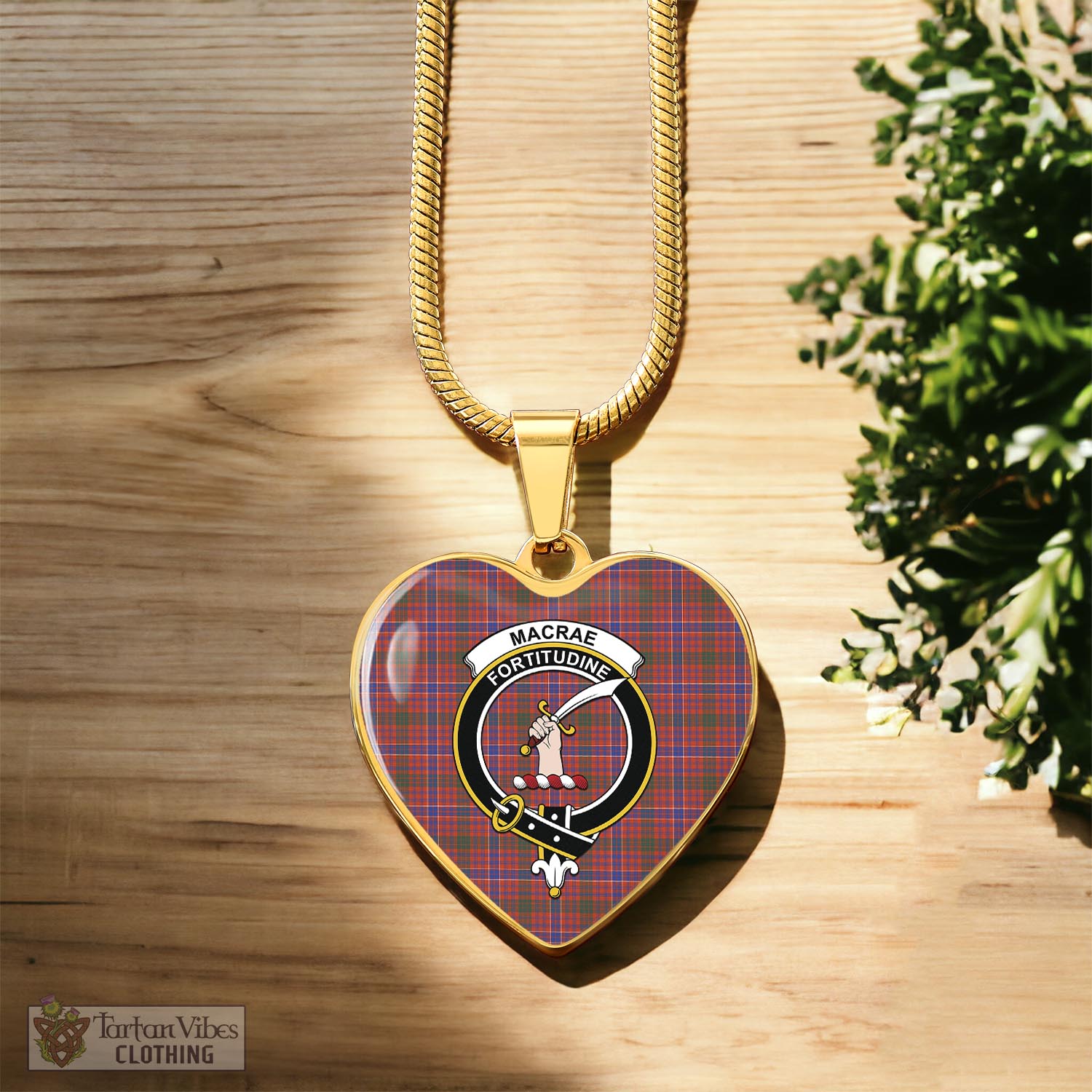 Tartan Vibes Clothing MacRae Ancient Tartan Heart Necklace with Family Crest