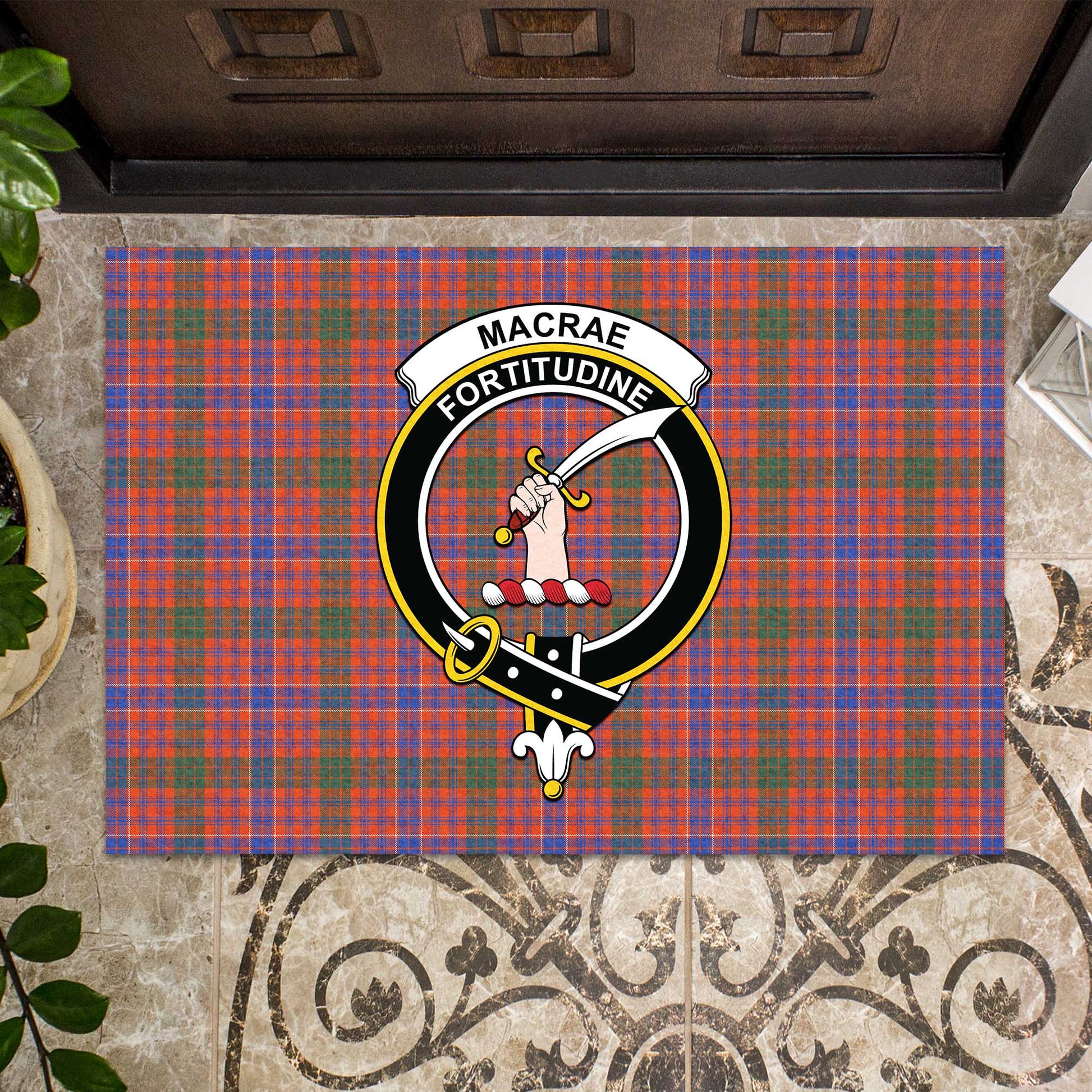 MacRae Ancient Tartan Door Mat with Family Crest - Tartanvibesclothing