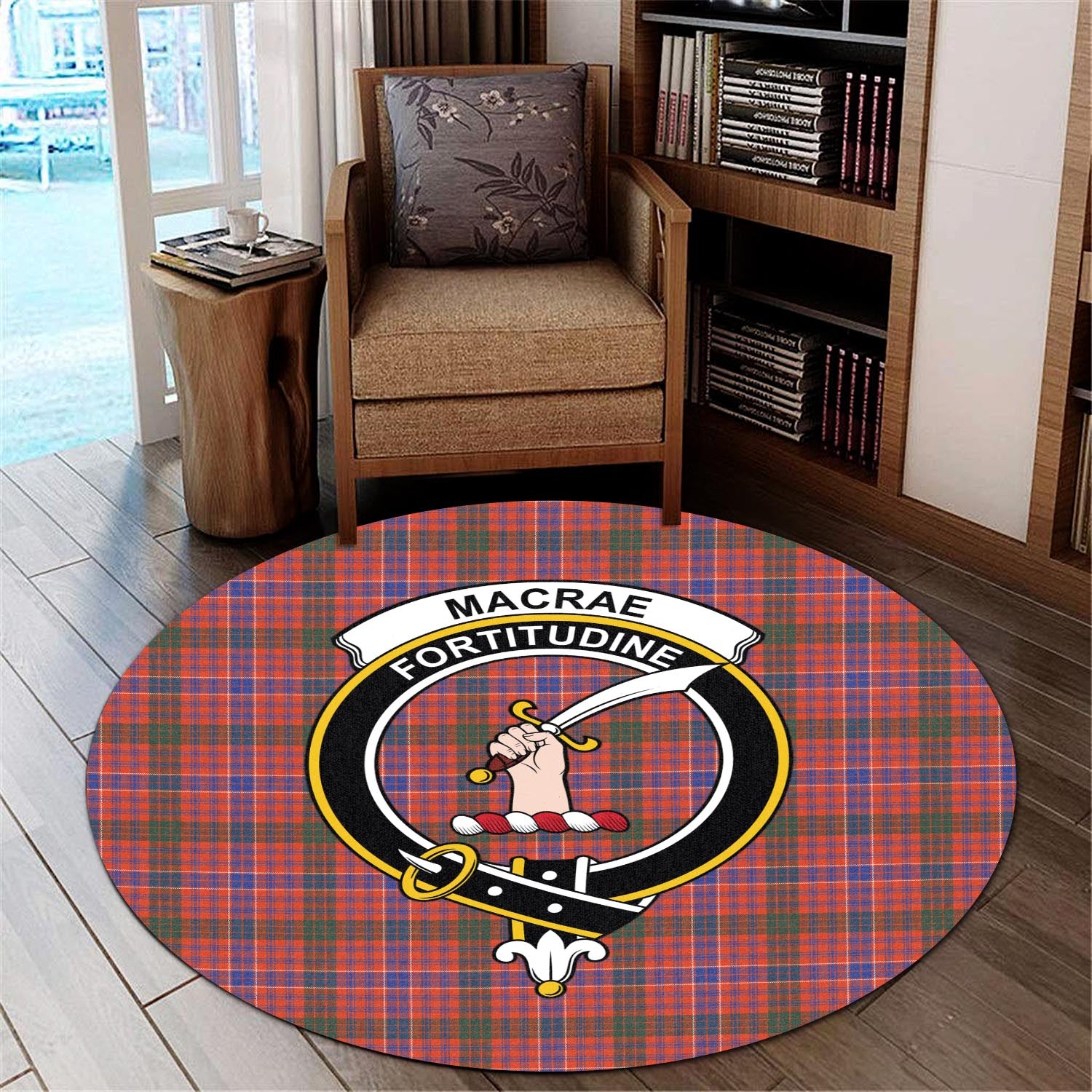 macrae-ancient-tartan-round-rug-with-family-crest