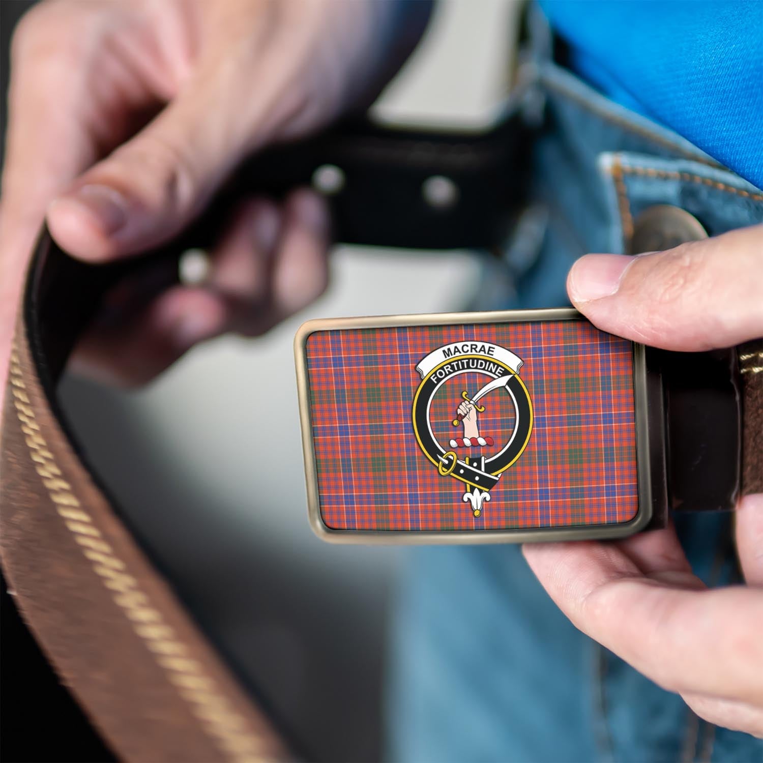 MacRae Ancient Tartan Belt Buckles with Family Crest - Tartanvibesclothing