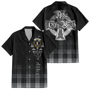 MacRae Dress Tartan Short Sleeve Button Up Shirt Featuring Alba Gu Brath Family Crest Celtic Inspired