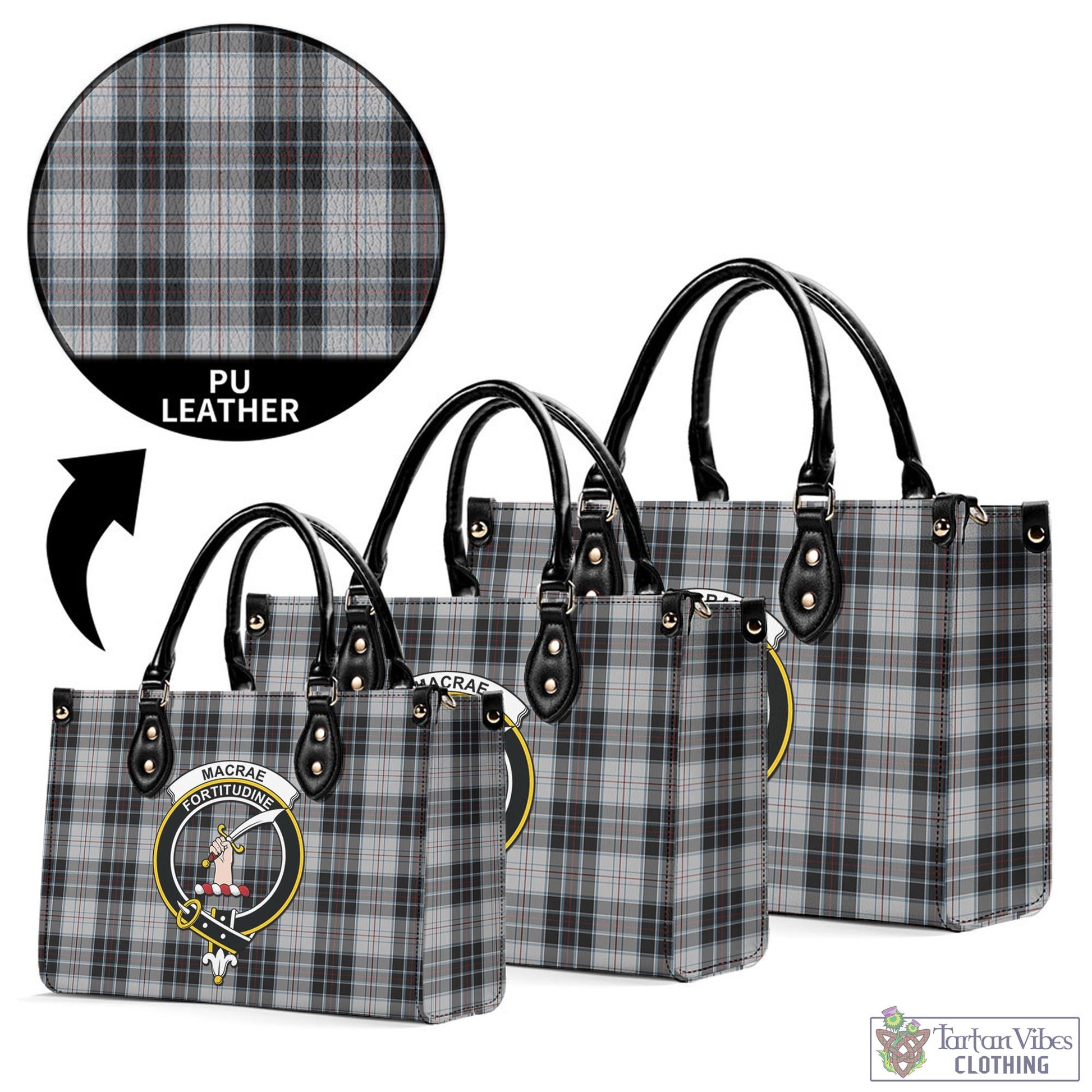 Tartan Vibes Clothing MacRae Dress Tartan Luxury Leather Handbags with Family Crest