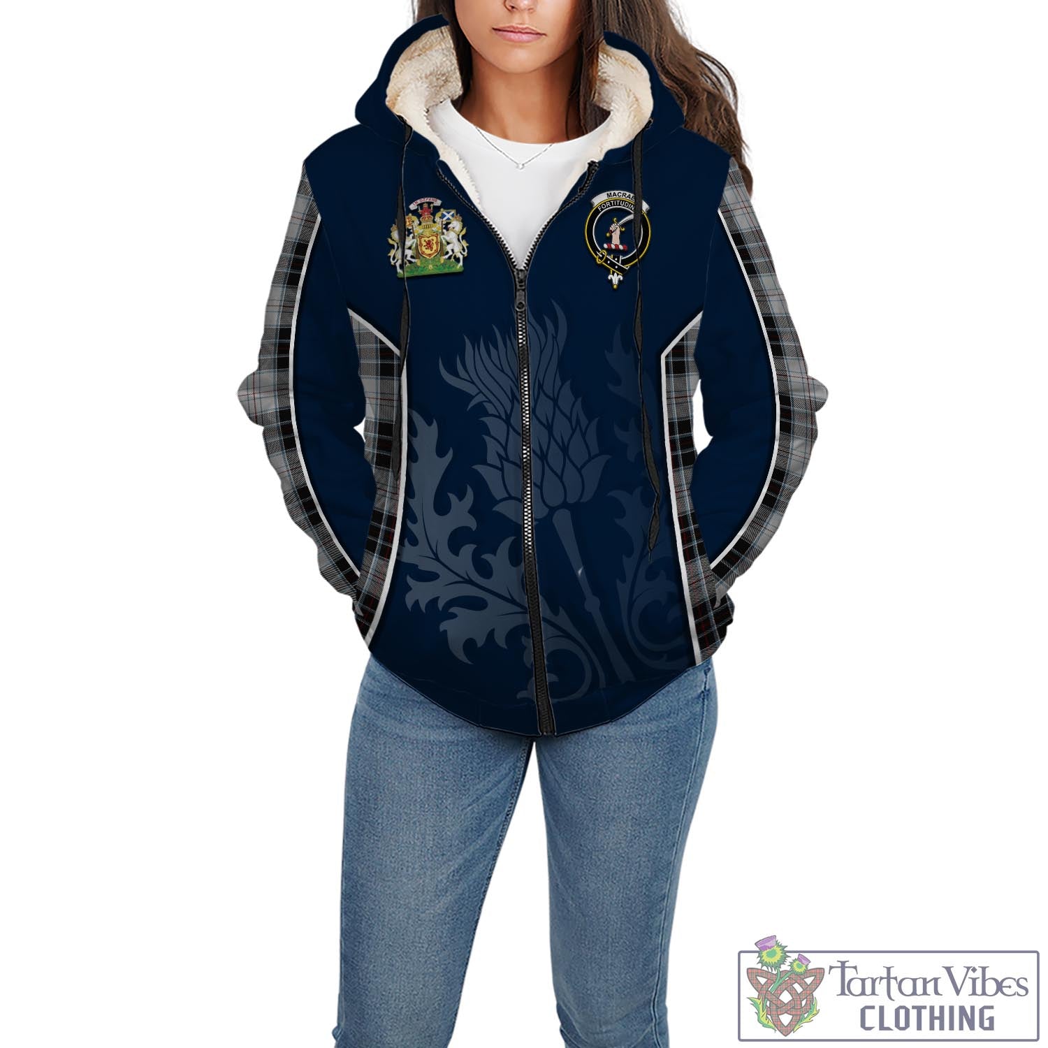 Tartan Vibes Clothing MacRae Dress Tartan Sherpa Hoodie with Family Crest and Scottish Thistle Vibes Sport Style