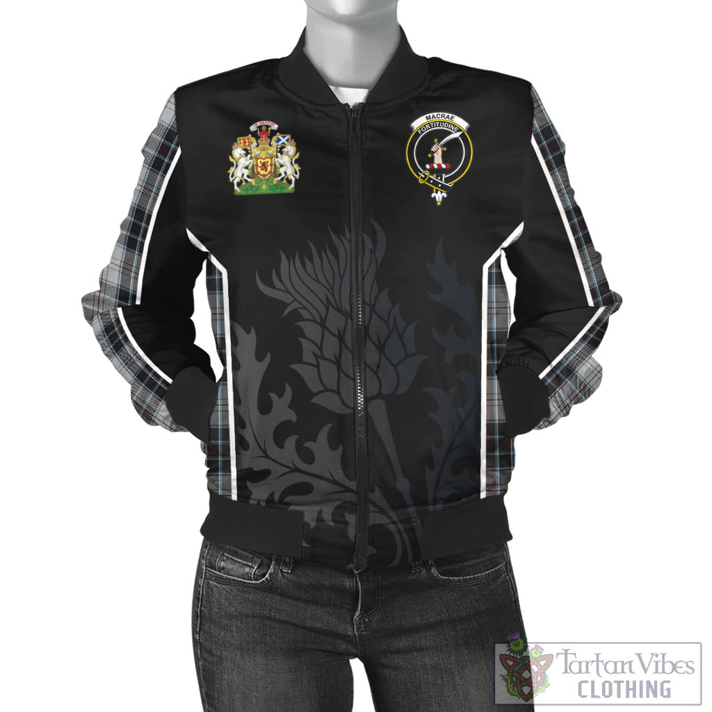 Tartan Vibes Clothing MacRae Dress Tartan Bomber Jacket with Family Crest and Scottish Thistle Vibes Sport Style