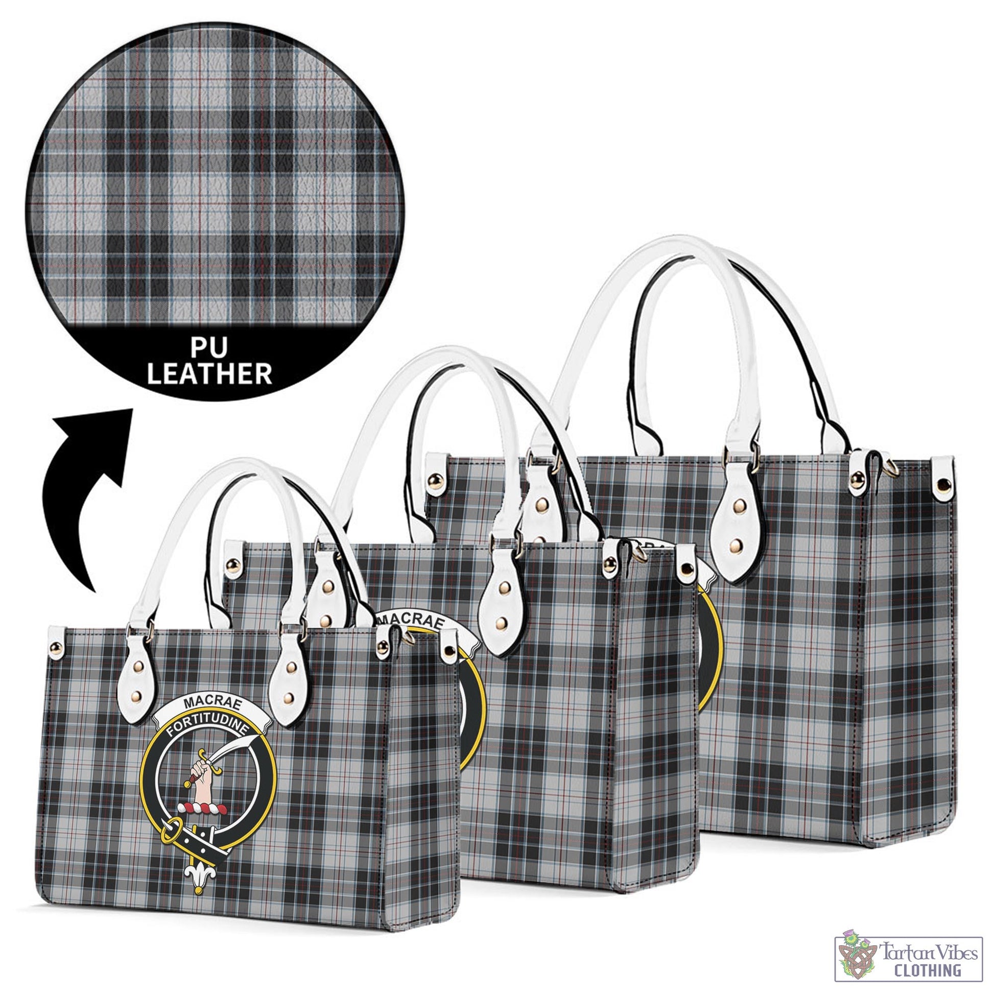 Tartan Vibes Clothing MacRae Dress Tartan Luxury Leather Handbags with Family Crest