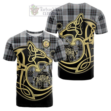 MacRae Dress Tartan Cotton T-shirt with Family Crest Celtic Wolf Style