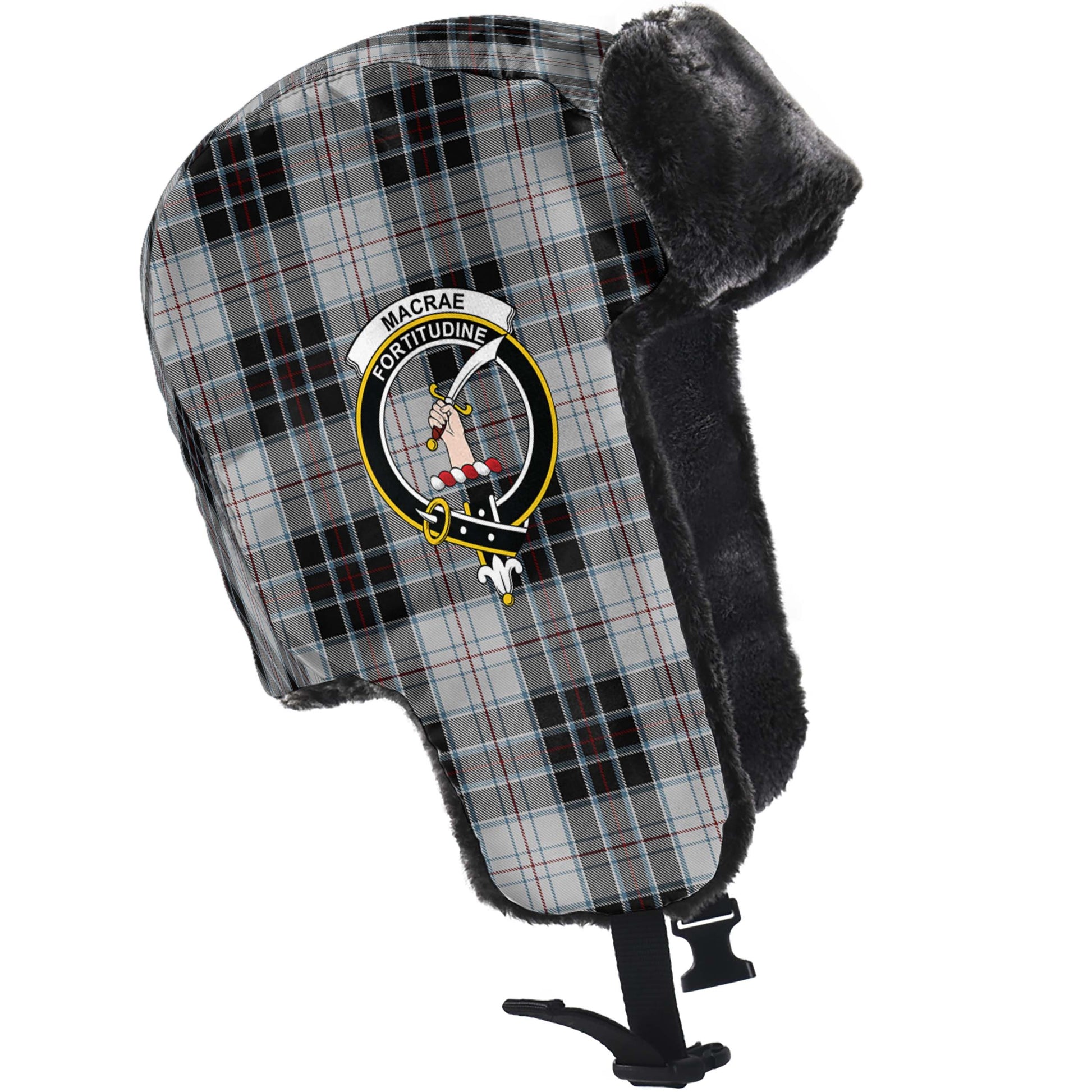 MacRae Dress Tartan Winter Trapper Hat with Family Crest - Tartanvibesclothing