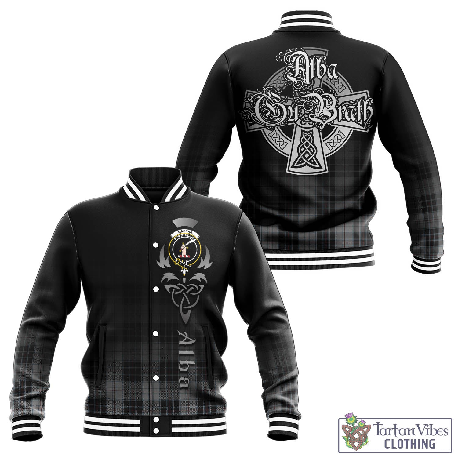 Tartan Vibes Clothing MacRae Dress Tartan Baseball Jacket Featuring Alba Gu Brath Family Crest Celtic Inspired