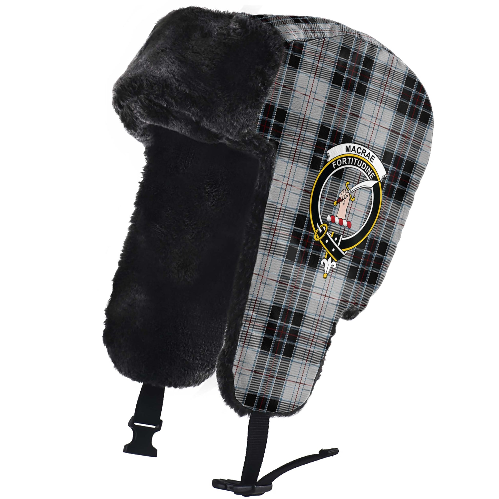 MacRae Dress Tartan Winter Trapper Hat with Family Crest - Tartanvibesclothing