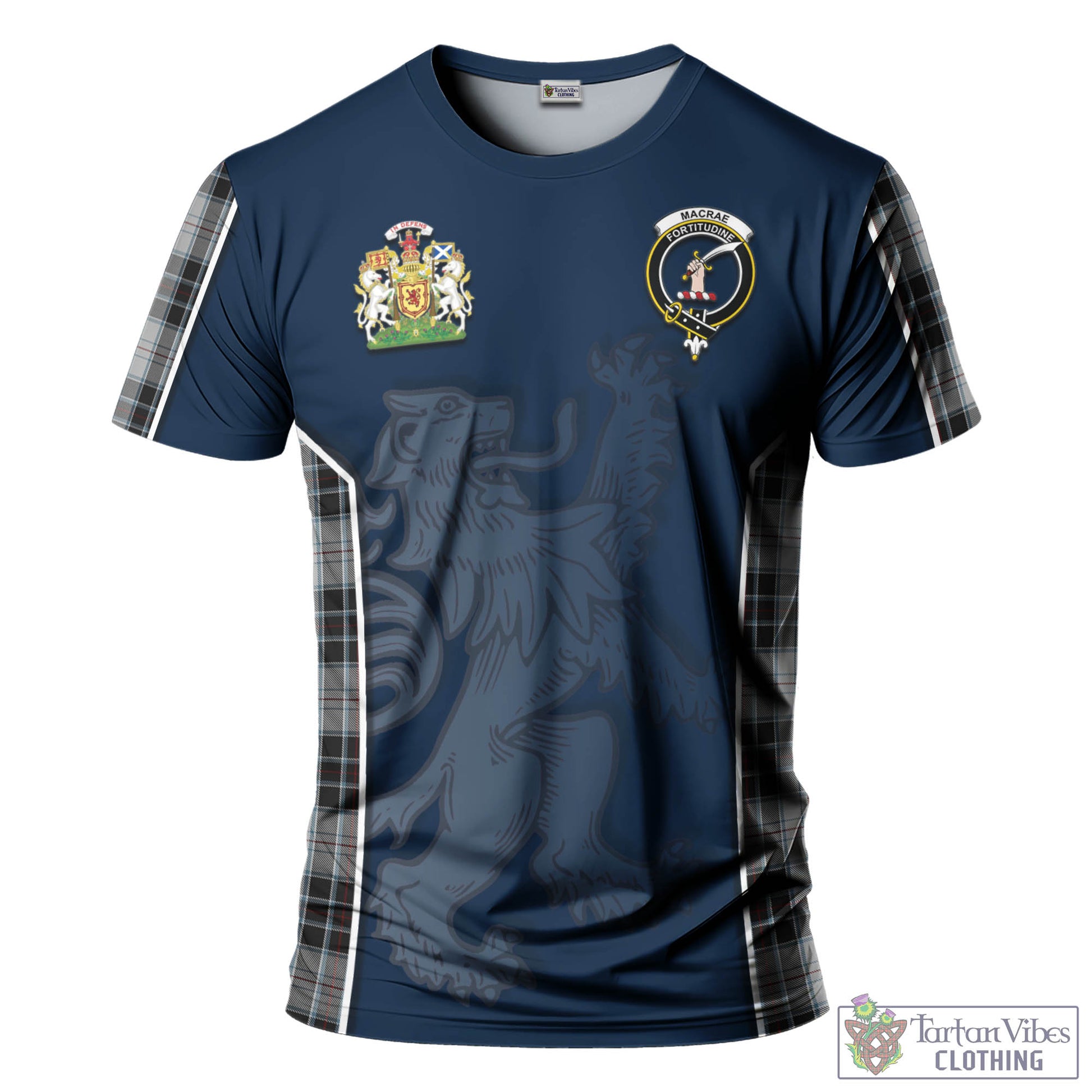 Tartan Vibes Clothing MacRae Dress Tartan T-Shirt with Family Crest and Lion Rampant Vibes Sport Style