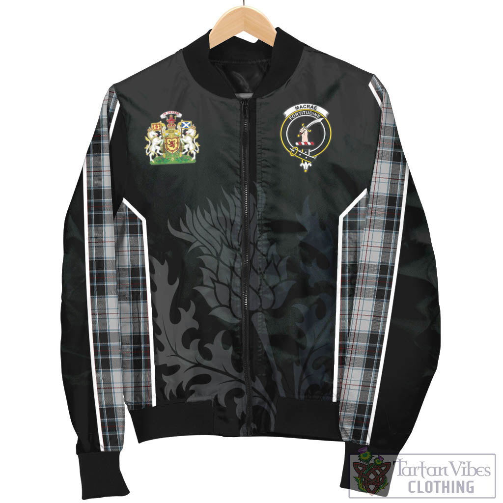 Tartan Vibes Clothing MacRae Dress Tartan Bomber Jacket with Family Crest and Scottish Thistle Vibes Sport Style